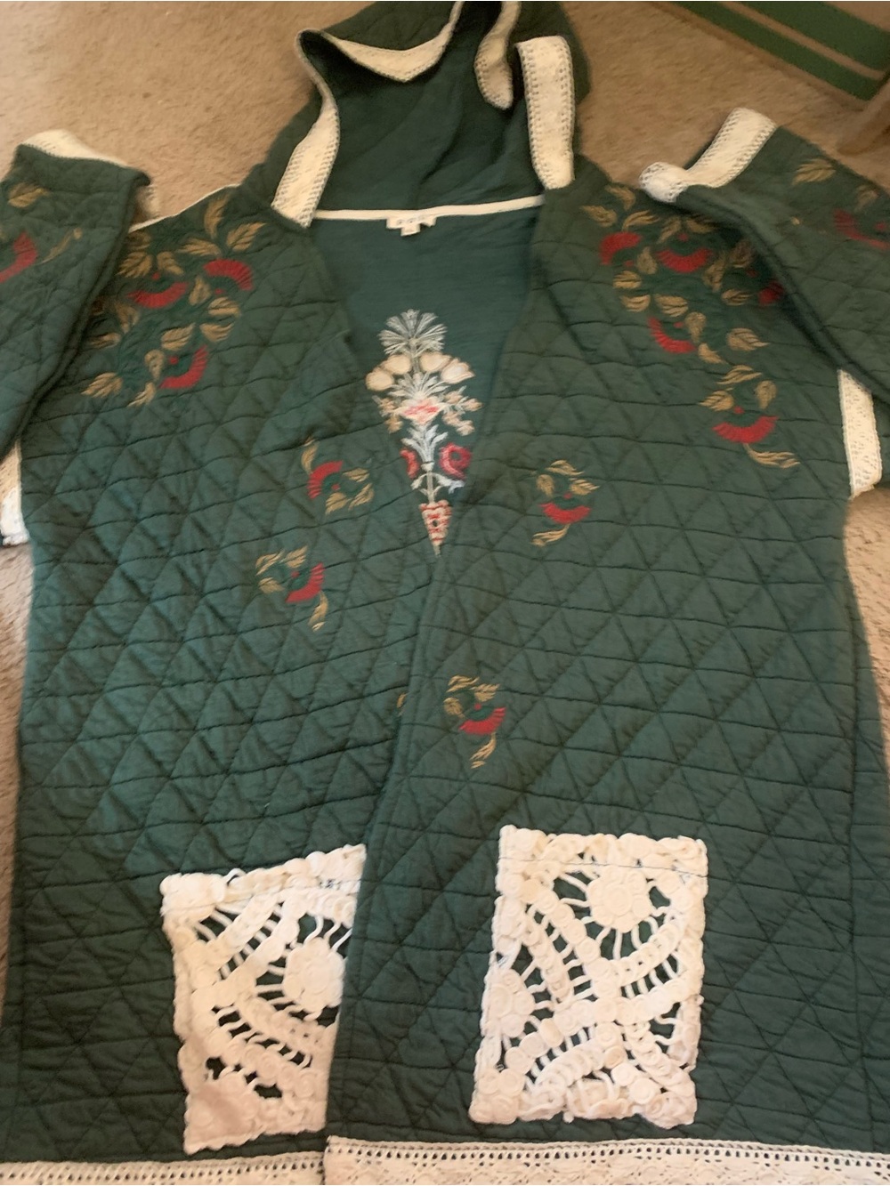 POL Quilted Dark Green Hooded Jacket with Crochet Pockets and Embroidered detail